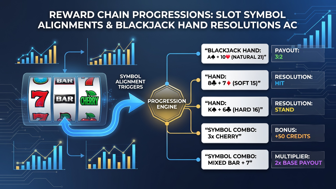 Flow diagram illustrating reward chain progression from slot symbols to blackjack hand outcomes on digital casino software