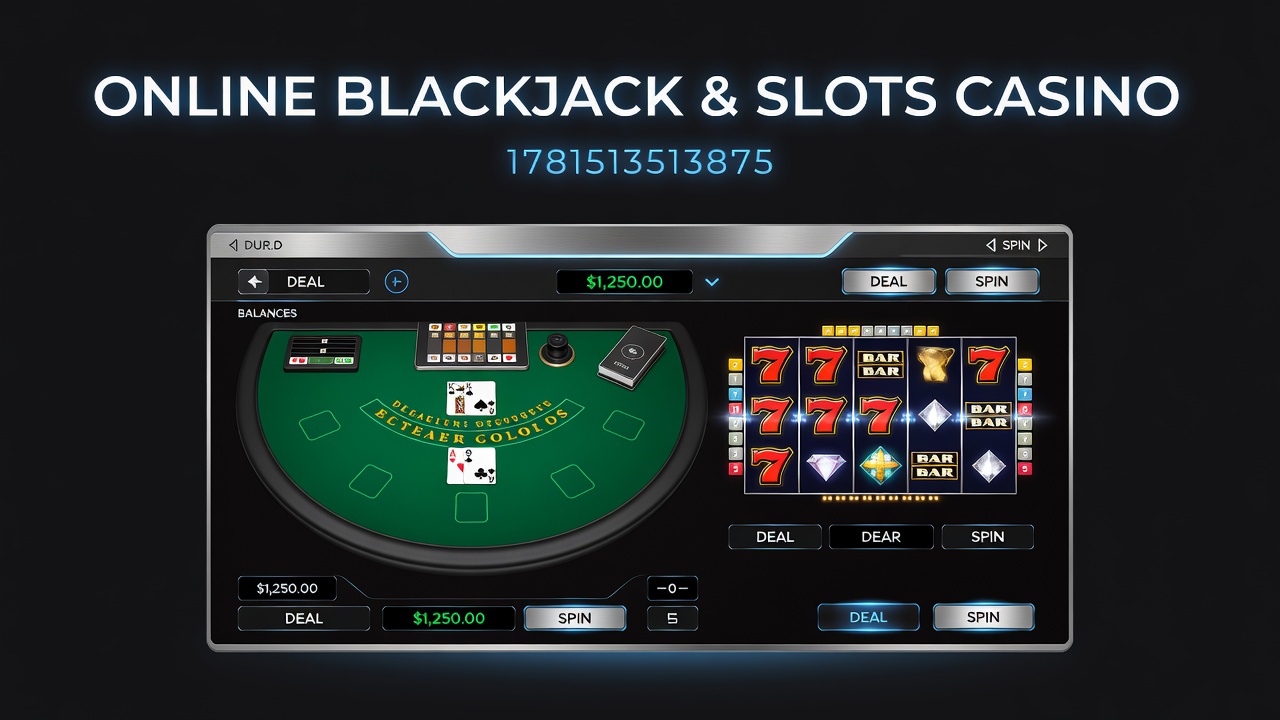 Online blackjack table interface displayed on a mobile device alongside spinning slot reels with vibrant symbols