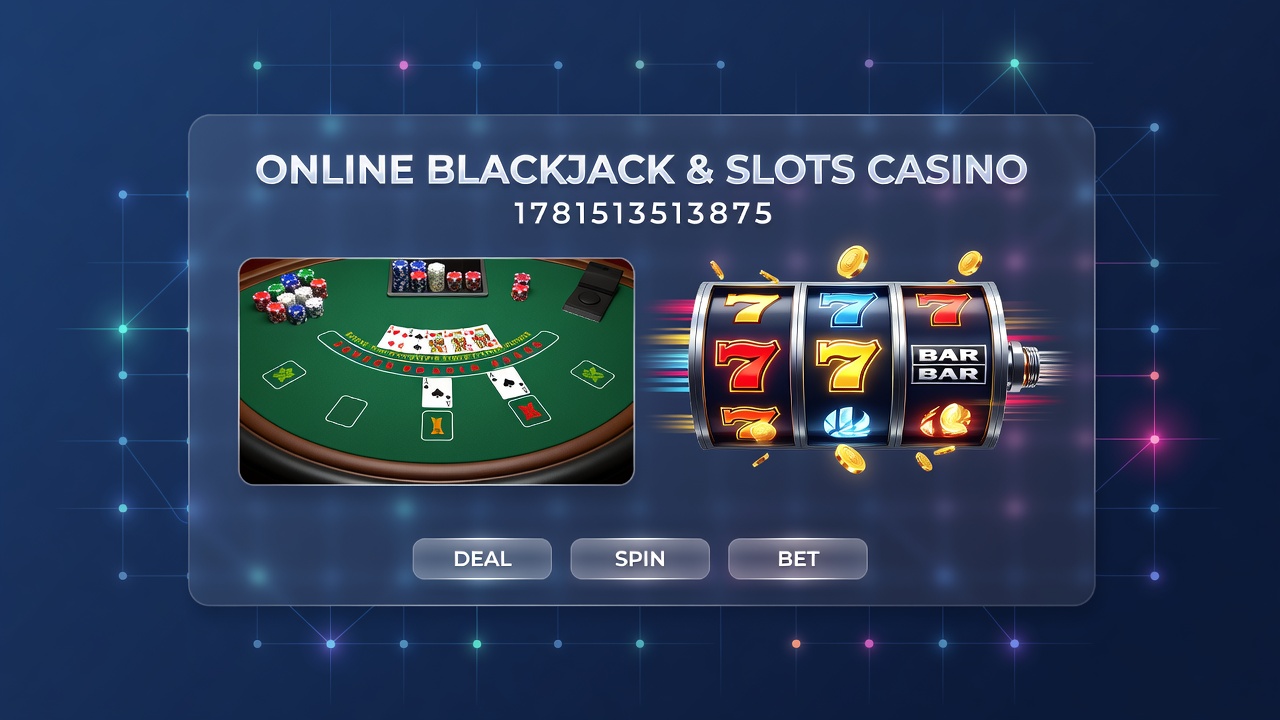Split view of a live dealer blackjack stream on one side of the screen and animated slot reels with accumulating jackpot meter on the other
