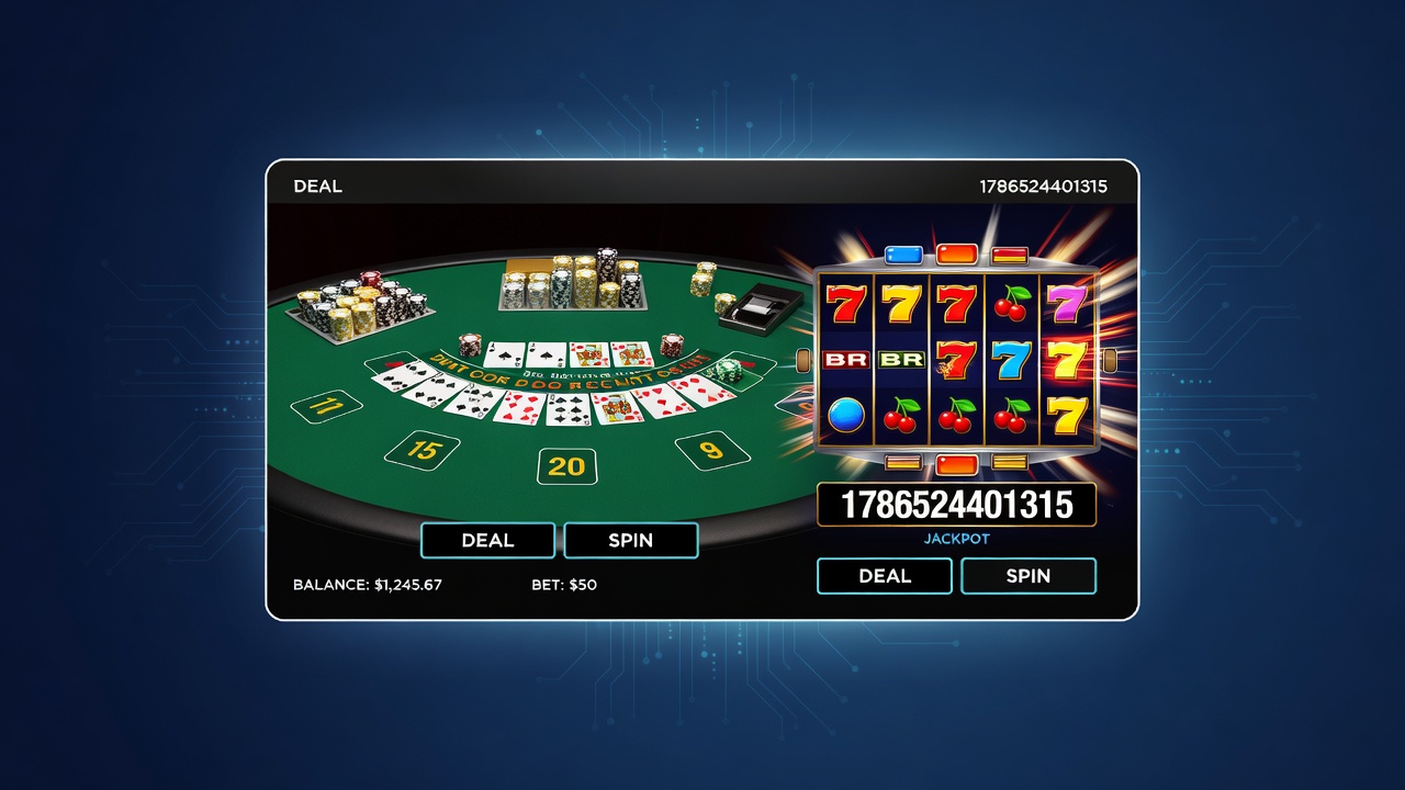 Mobile screen displaying synchronized blackjack and slots casino interface with deposit options