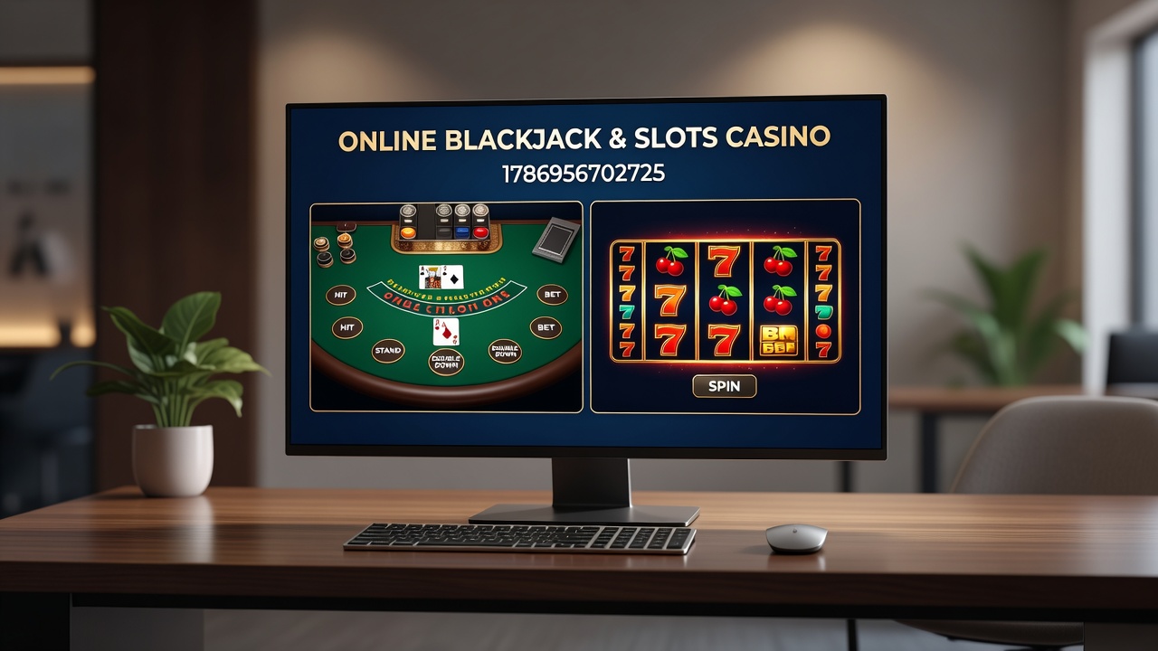 Mobile device screen showing synchronized blackjack and slots casino app with balance and game selection menus