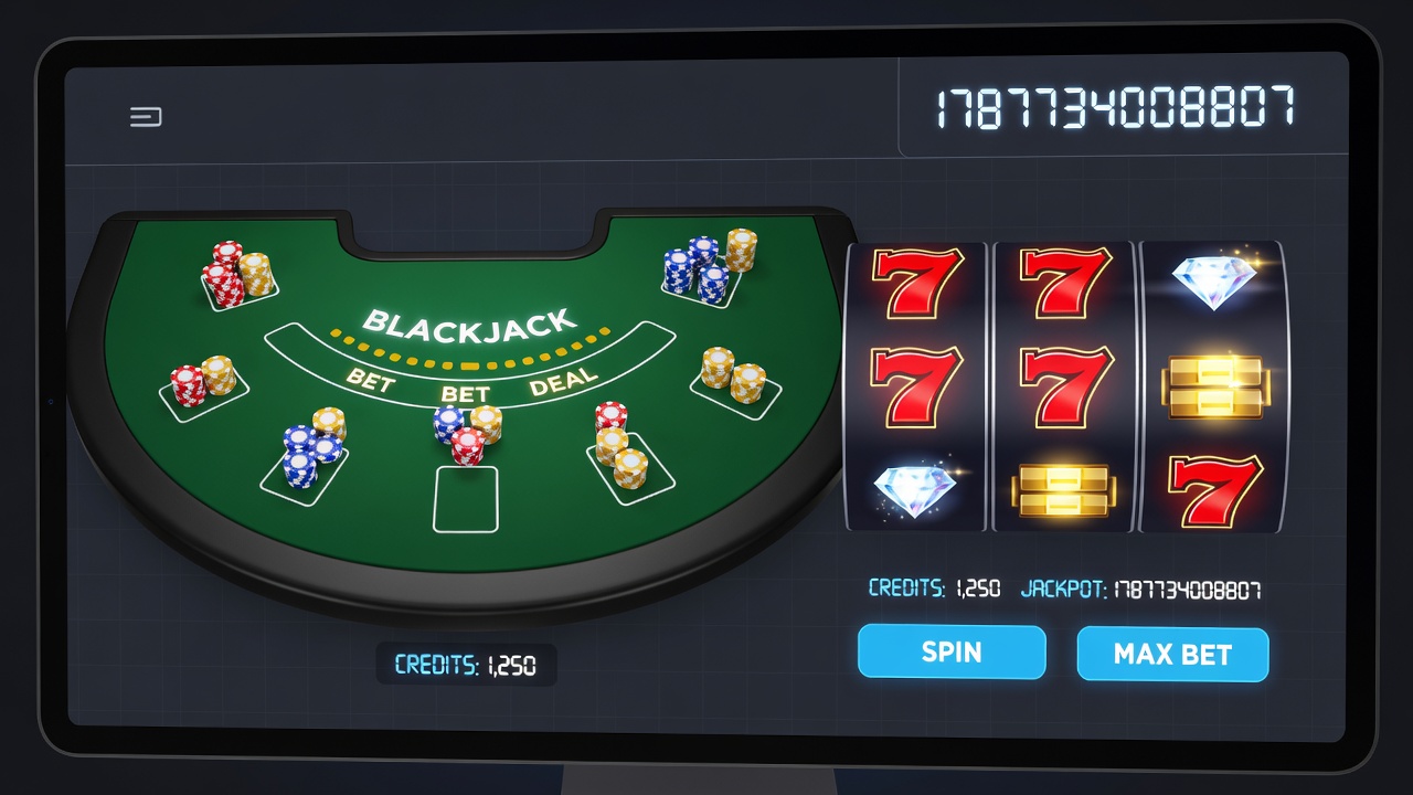 Mobile device displaying synchronized blackjack and slots gameplay screens