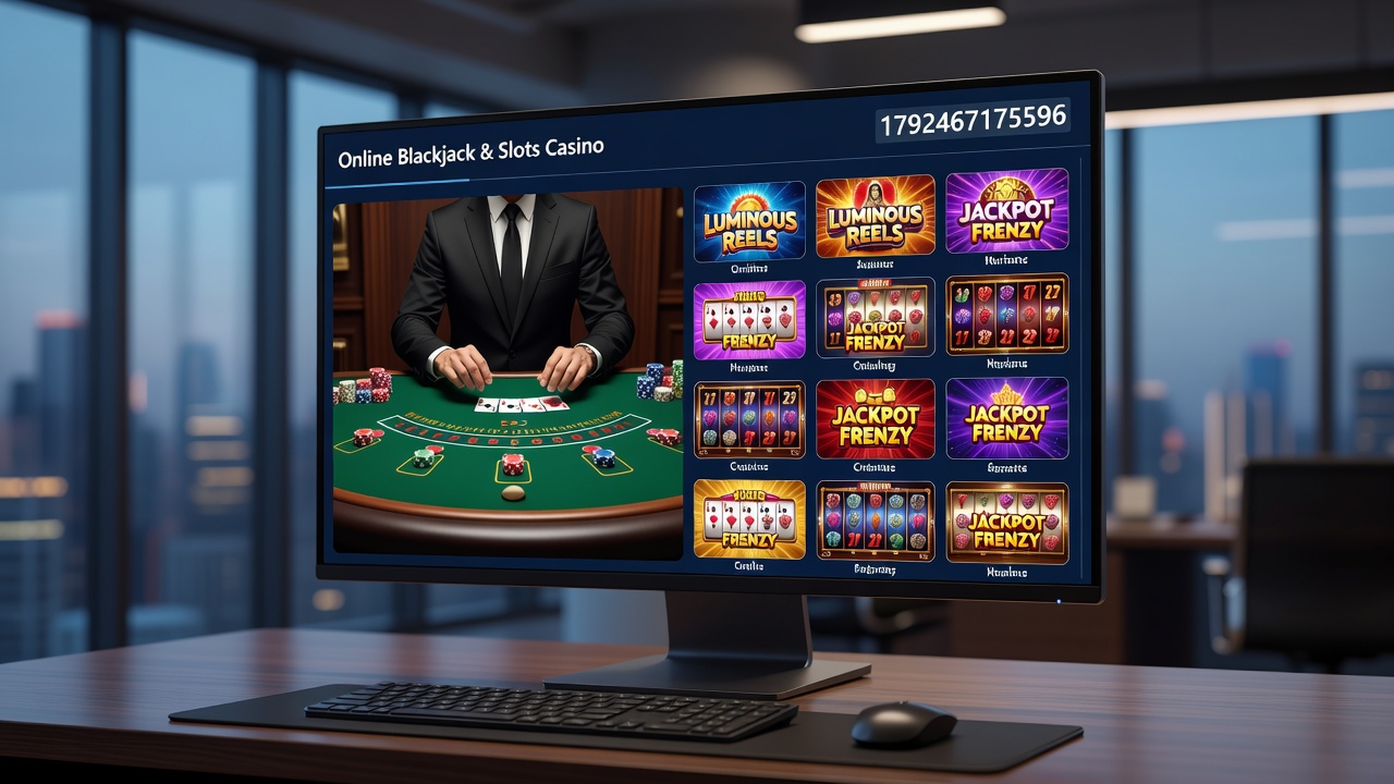 Mobile device displaying simultaneous access to live blackjack and themed slot games within one casino application