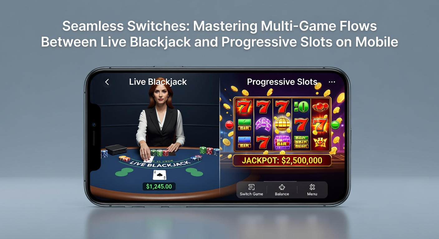 Close-up of a mobile interface mid-switch, with live blackjack cards fading into colorful slot reels and a progressive jackpot meter glowing brightly
