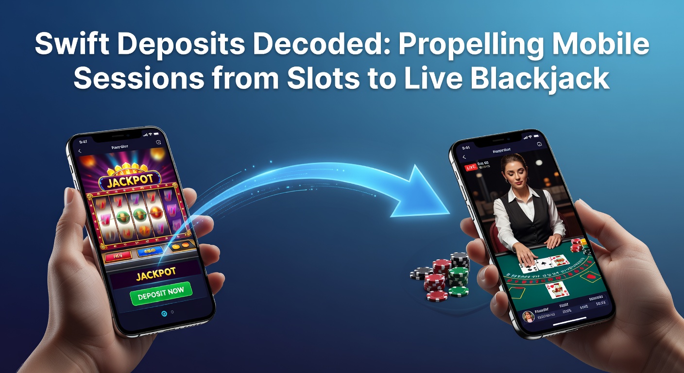 Mobile phone screen showing a swift deposit confirmation transitioning from colorful slot reels to a live blackjack table with dealer visible