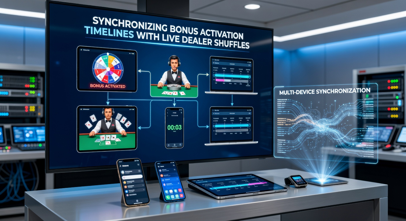 Multi-device casino interface showing synchronized bonus activation and live dealer shuffle timing