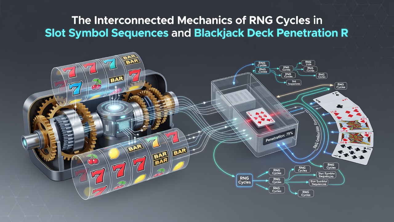 Diagram illustrating RNG data flow between slot symbols and blackjack deck resets on a mobile dashboard