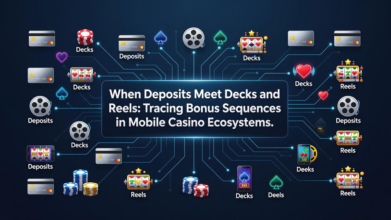 Flow diagram of bonus sequences connecting mobile reels and live dealer decks after deposits